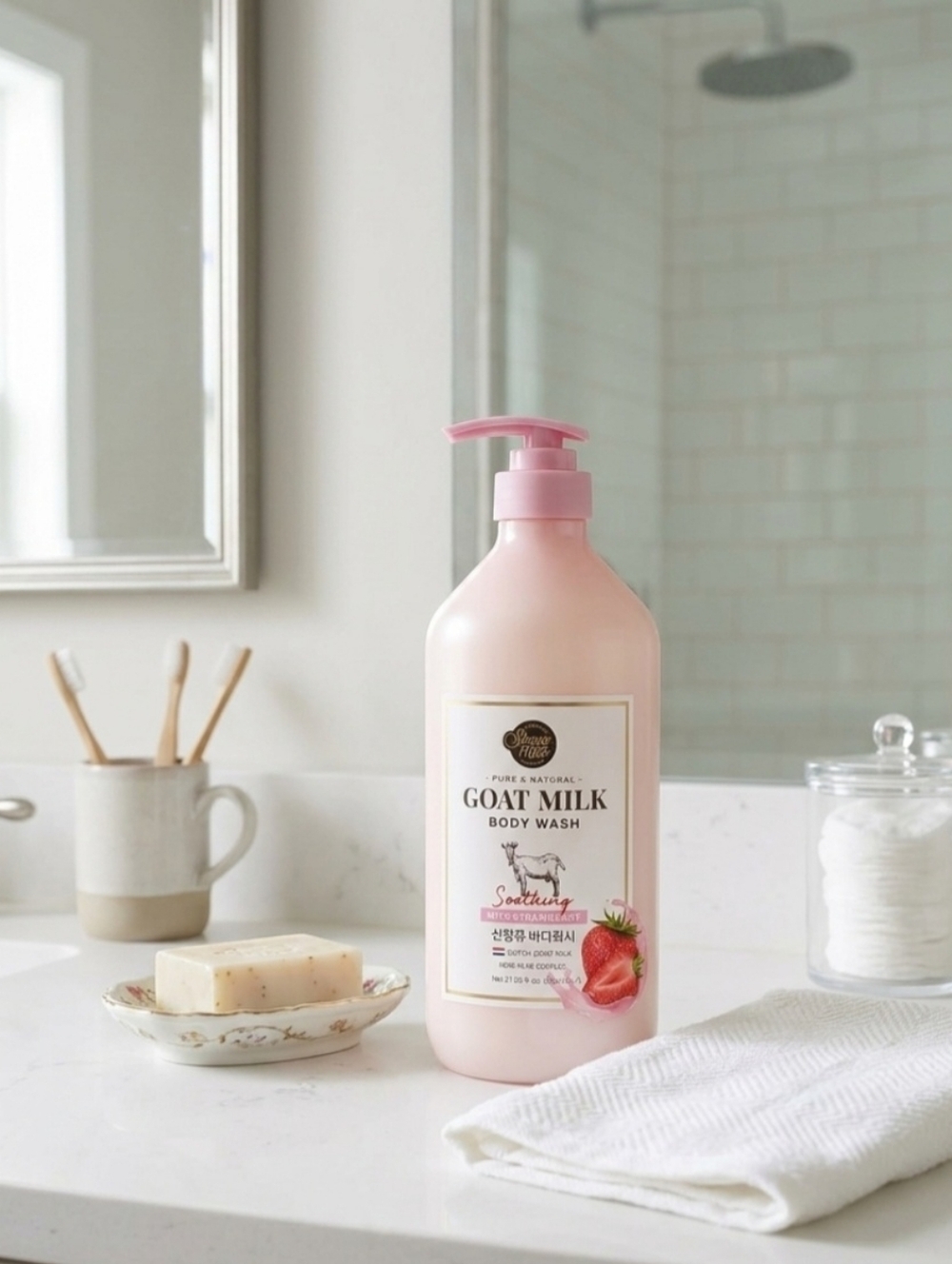 Shower Mate Korean Dutch Goat Milk with STRAWBERRY Body Wash NOURISHING 27.05 oz